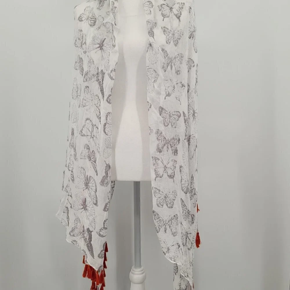 Butterfly Scarf/Wrap with Orange Tassels